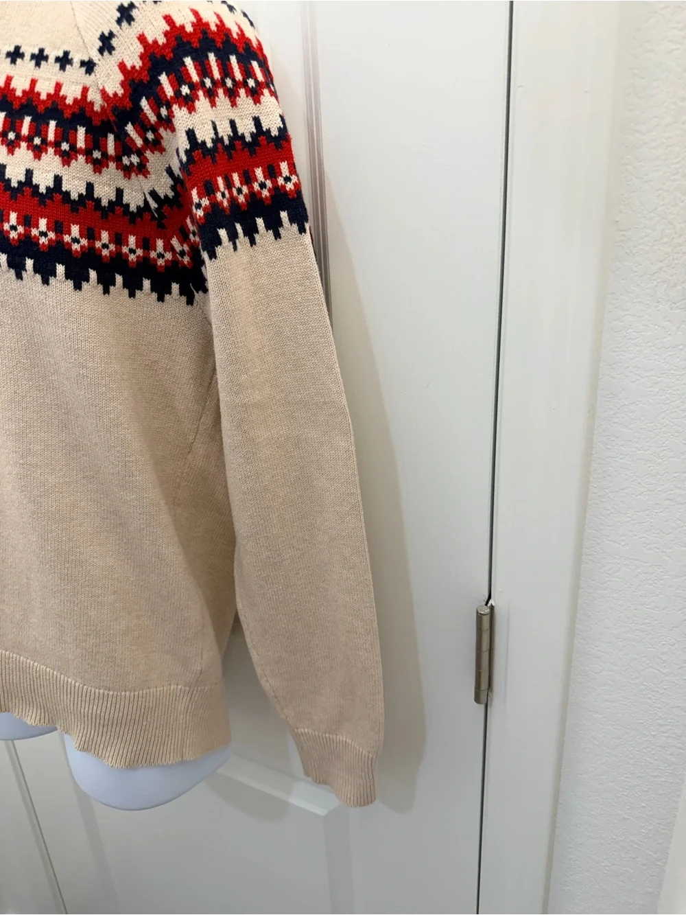 J. Crew Beige Crewneck Sweater with Red & Navy Fair Isle Yoke